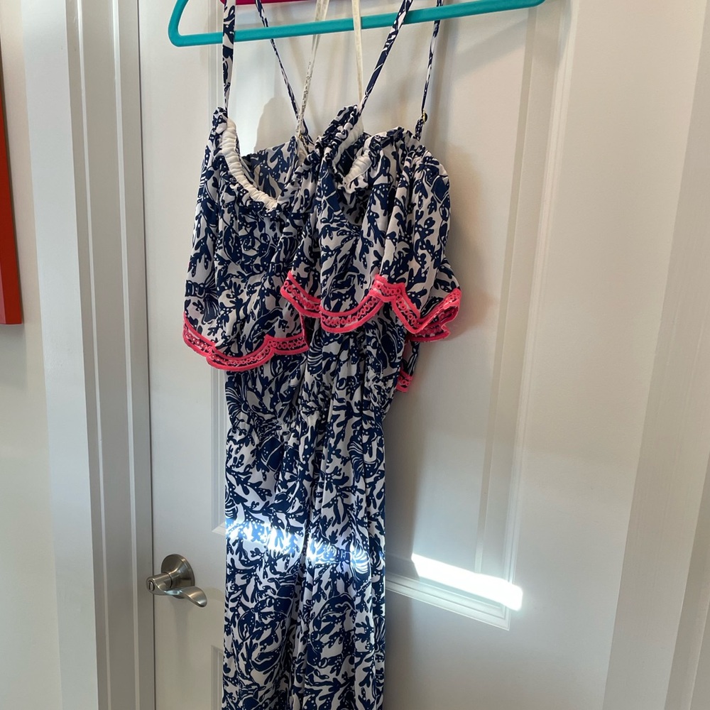 Lilly Pulitzer XL Blue Floral Maxi Dress with Pink Scallop Trim - Picture 2 of 7